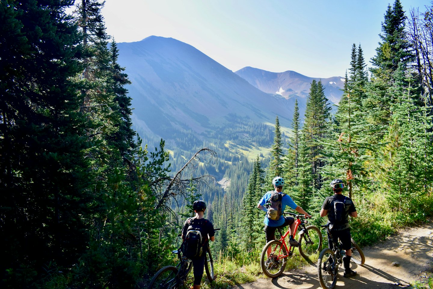 Tre mountain biker che riposano su un sentiero con vista su una valle panoramica.