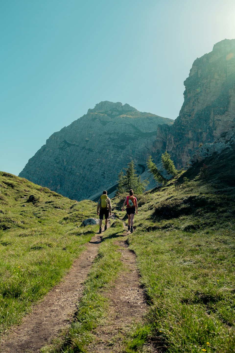 Escursionisti salgono un sentiero sterrato attraverso una valle verde verso montagne rocciose.